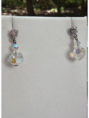 Vintage Silver Tone Faceted Crystal Bead Dangle Earrings .75" Lots Flash Estate